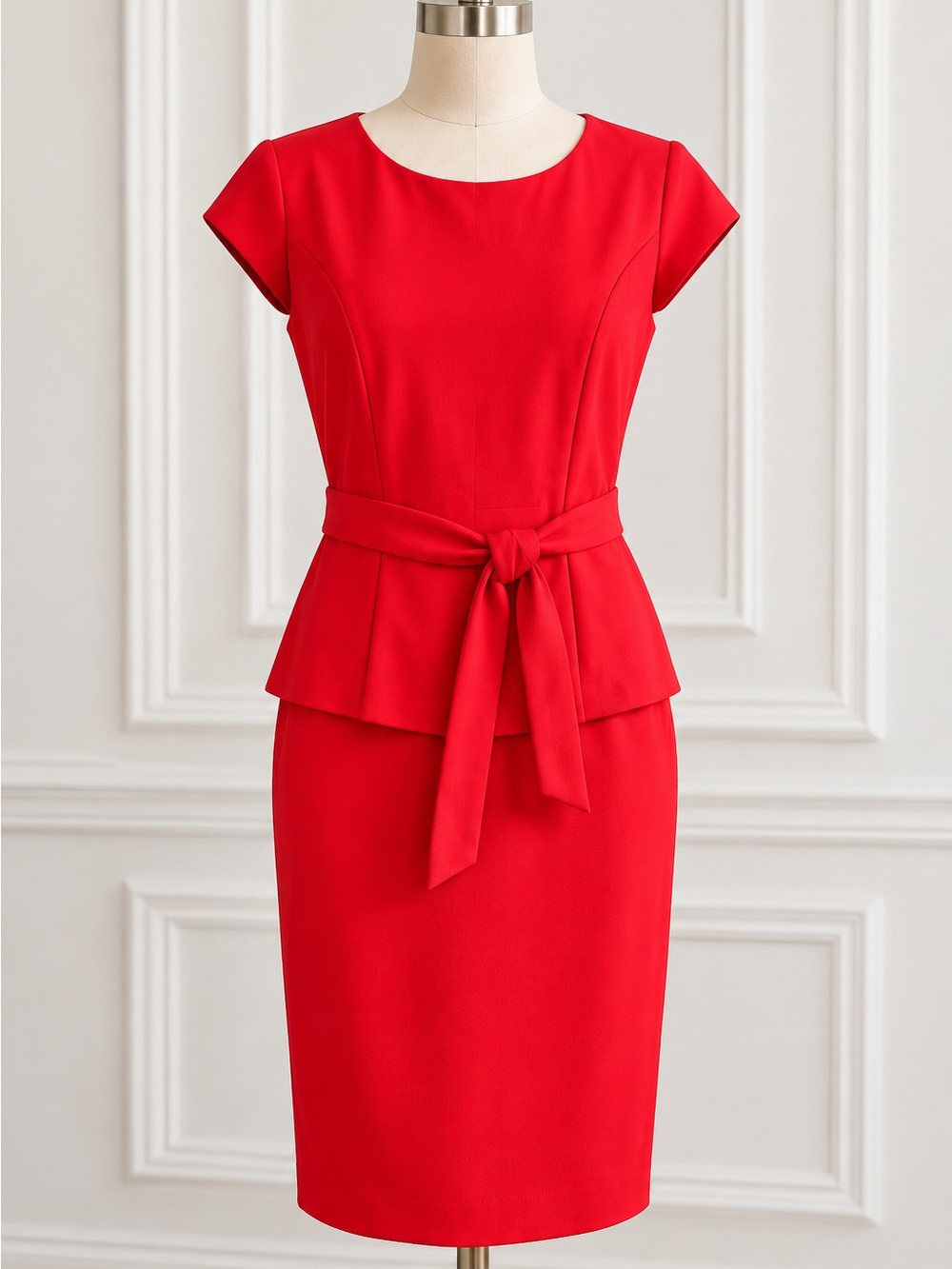 White House Black Market Red Tie-Belt Peplum Sheath Dress